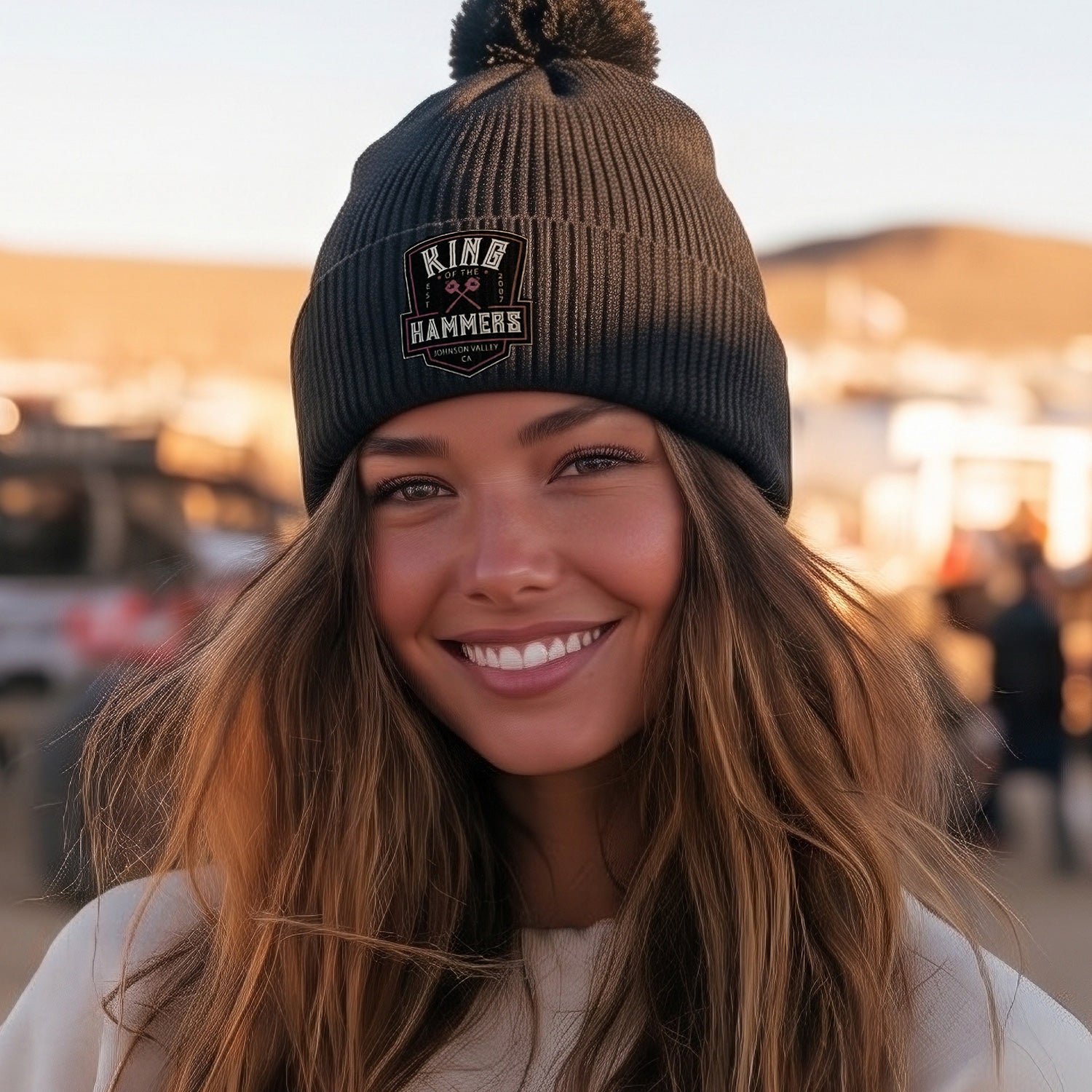 Ladies King of the Hammers Est 2007 Pom Pom Beanie - Black w/Pink