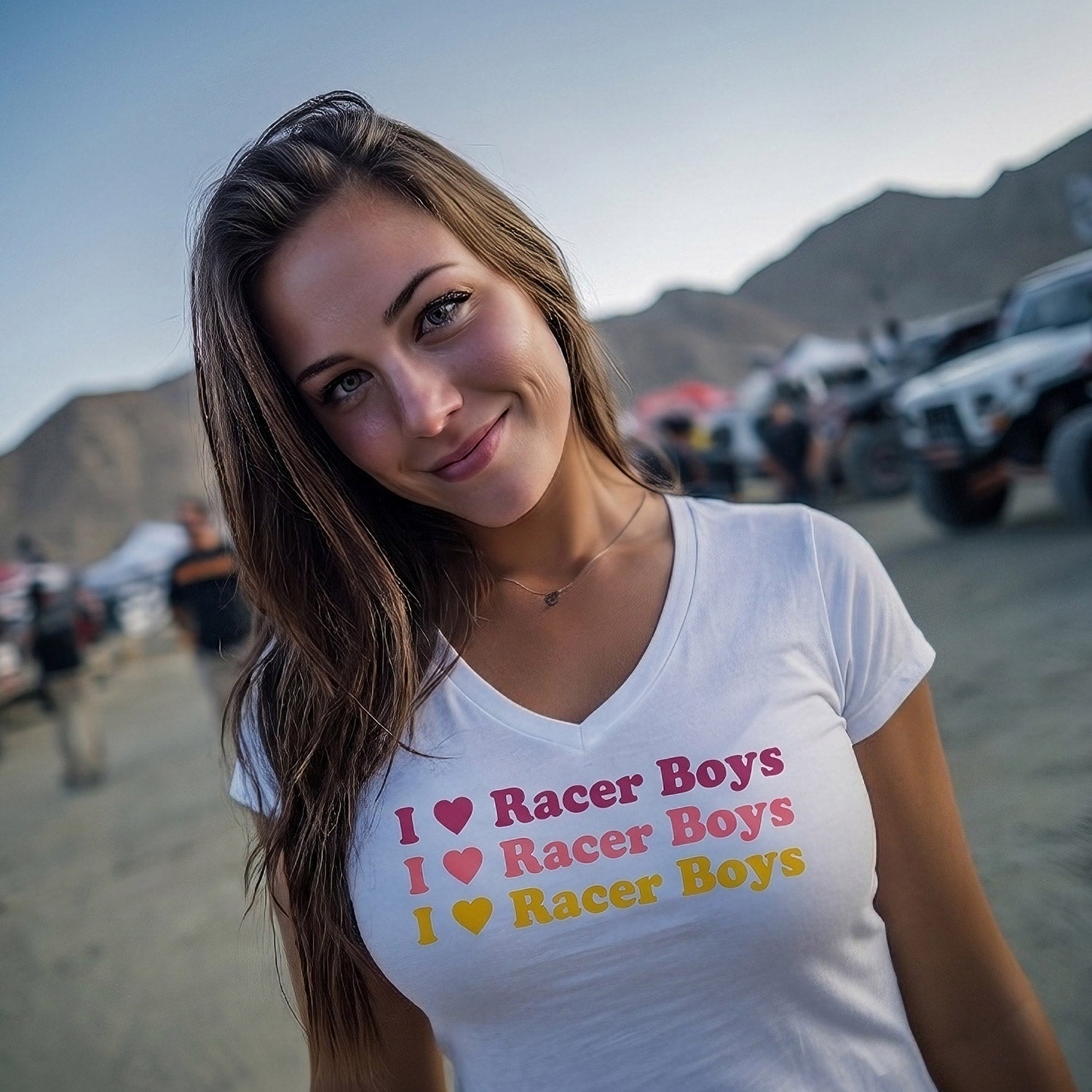 Ladies I Love Racer Boys V-Neck Tshirt - White