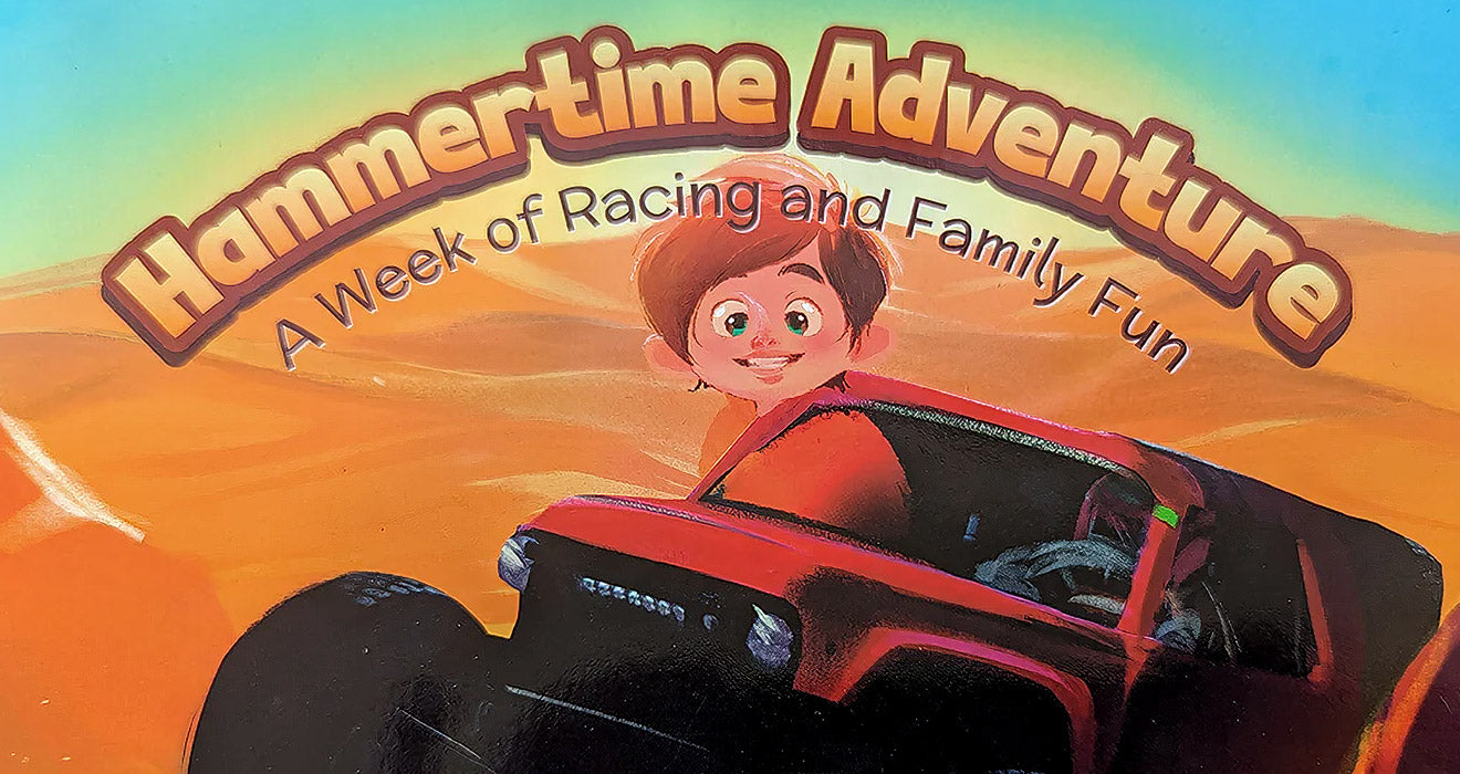 Cover of the book 'Hammertime Adventure' showing an illustrated child driving a red car in an orange desert.