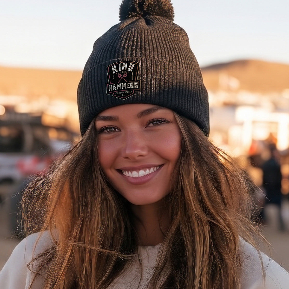 Ladies King of the Hammers Est 2007 Pom Pom Beanie - Black w/Pink